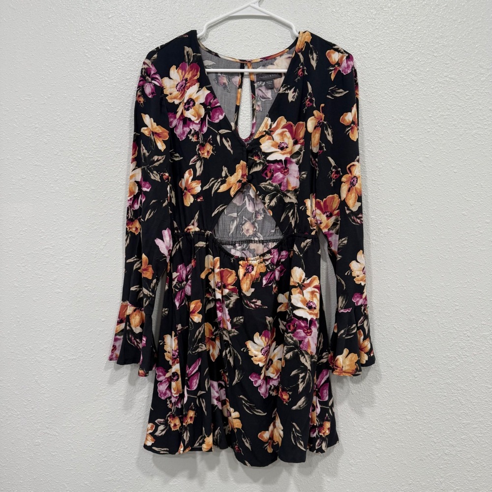 Kendall & Kylie Floral Cutout Mini Dress Bell Sleeve Black Orange Purple Large
